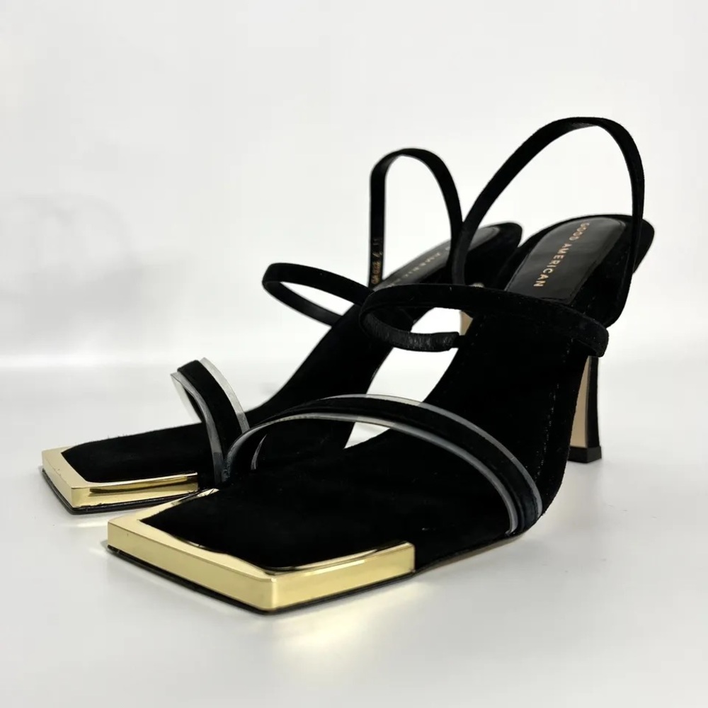 Good American Golden Standout Square Toe Sandals Sz 9 High Heel Suede Black